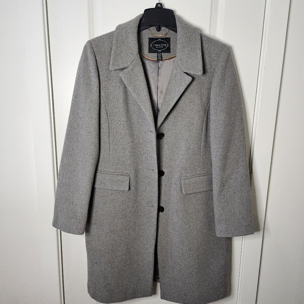 Gray Wool Blend Winter Coat XL Tailored Long Notched Collar Dressy Classic Chic - Picture 3 of 15